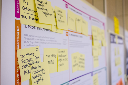 Brainstorming board with sticky notes for business strategy and problem-solving.