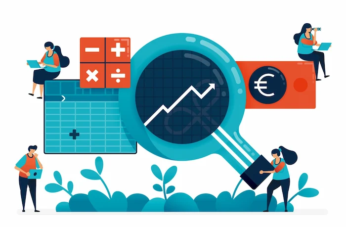characters doing case study and euro symbol