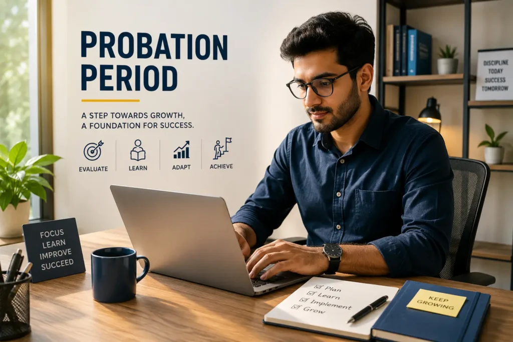 Young professional working at a laptop during a probation period in a modern office, symbolizing employee onboarding, performance evaluation, skill development, career growth, and workplace success in a bright corporate environment.