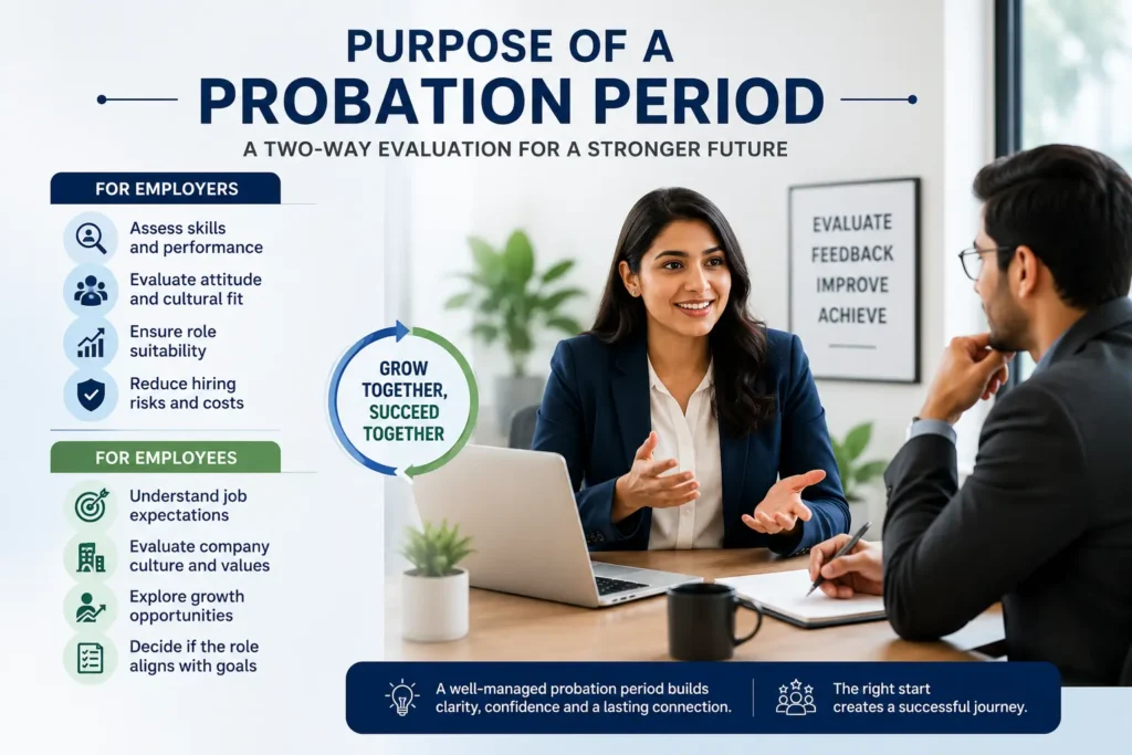 HR manager and new employee discussing goals and expectations during a probation period in a modern office, illustrating how probation helps employers assess performance and cultural fit while allowing employees to evaluate the role, workplace, and career growth opportunities.