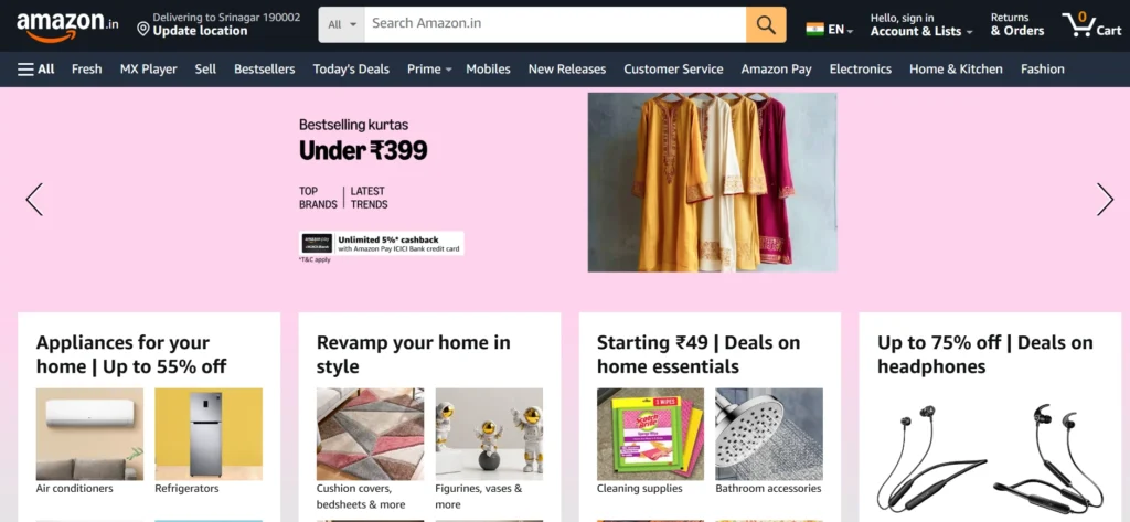 Home page of amazon