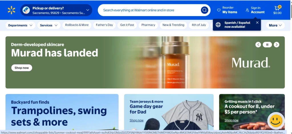 Home page of walmart