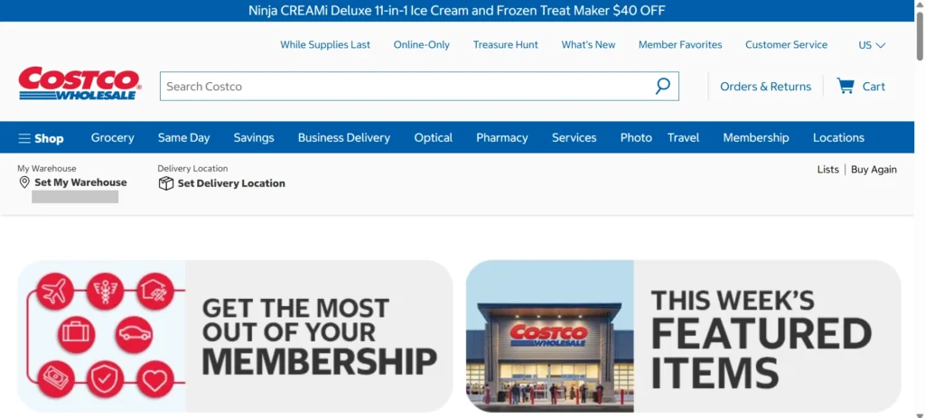 Home page of costco
