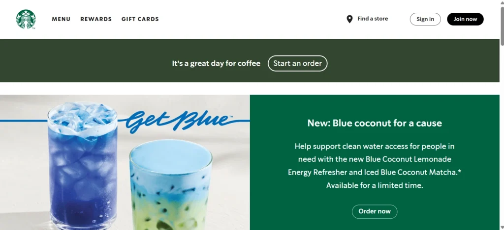 Home page of starbucks