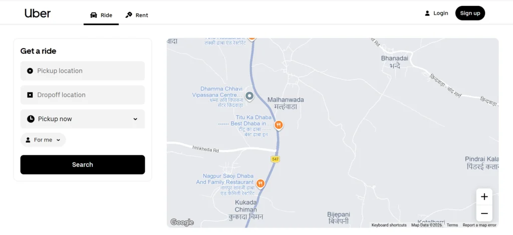 Home page of uber