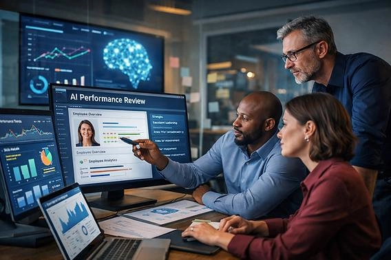 A team of professionals reviews AI-powered performance analytics on multiple computer screens, with a dashboard displaying employee metrics, trends, and performance insights during a collaborative office meeting.