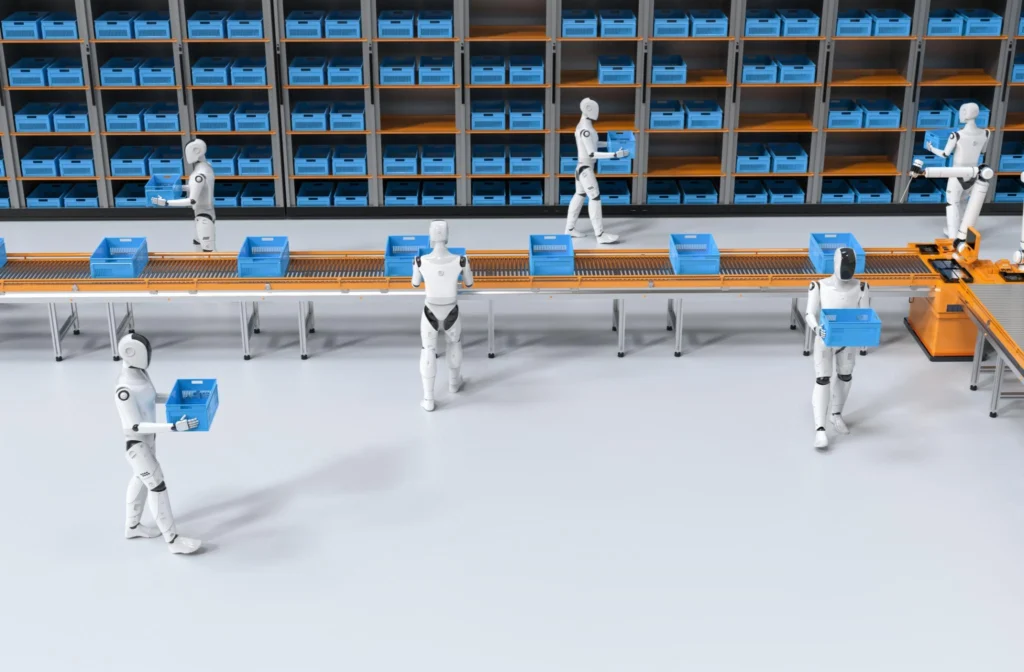 AI-powered warehouse automation system with robotic workers handling inventory bins and conveyor operations in a smart warehouse.