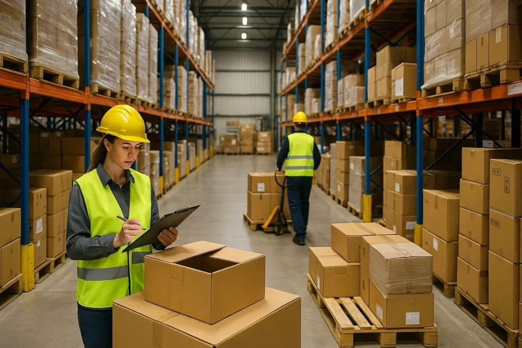 Warehouse staff inspecting returned products during reverse logistics processing.