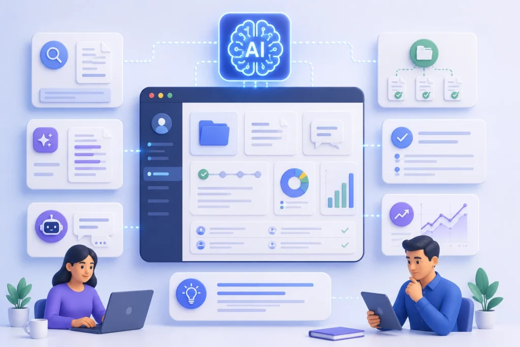 Illustration of AI-powered client portal software featuring intelligent document search, automated file organization, document summarization, AI chatbot support, task management, analytics dashboard, workflow automation, and secure client collaboration.