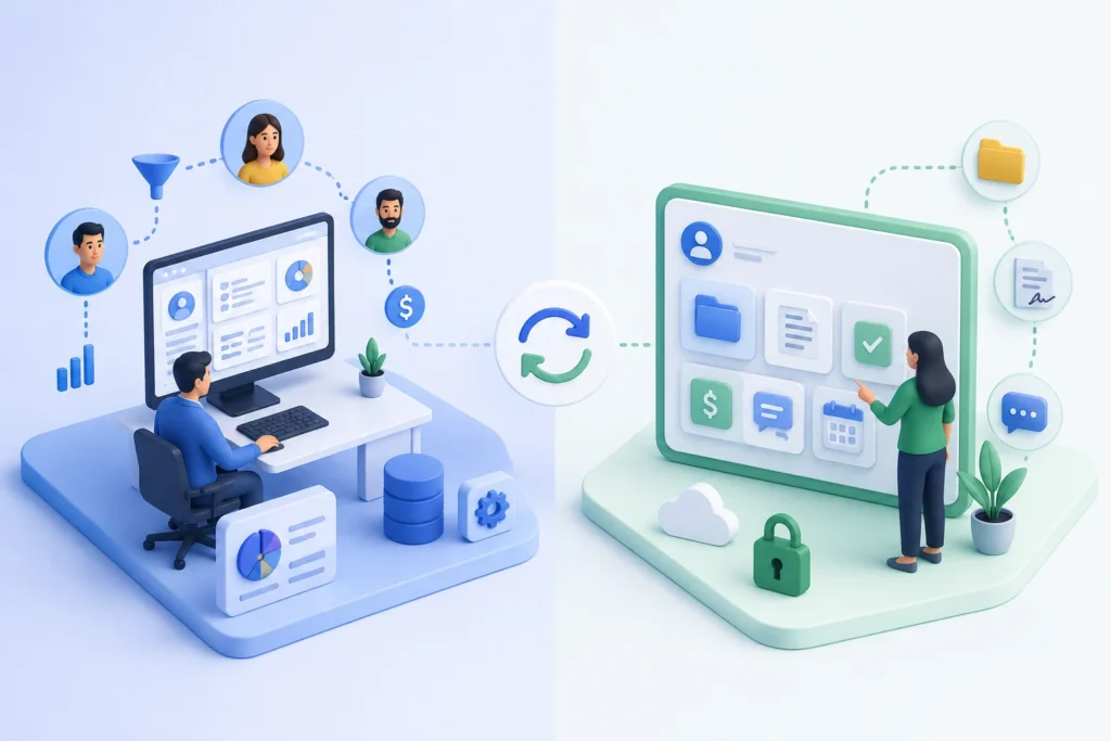Comparison illustration of a client portal and CRM system, showing a CRM dashboard for customer management, analytics, and sales tracking alongside a secure client portal for document sharing, messaging, task management, scheduling, and file collaboration