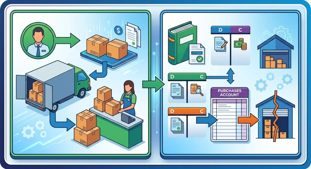 Illustration of a periodic inventory system showing the inventory purchase workflow from supplier to warehouse and retail store, alongside accounting journal entries, purchase records, inventory adjustments, and end-of-period stock reconciliation.