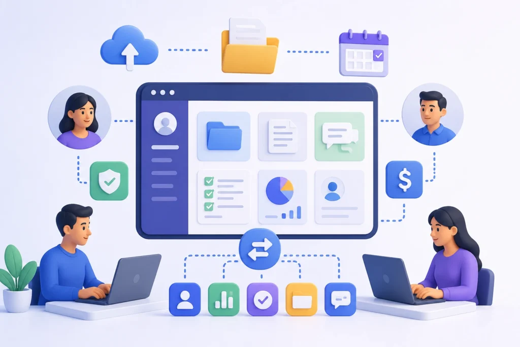 Illustration showing how client portal software works, featuring a secure online dashboard with document management, file sharing, messaging, task tracking, calendar scheduling, user profiles, analytics, cloud storage, and clients collaborating remotely through laptops