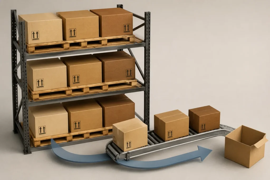 Illustration of the FIFO (First-In, First-Out) inventory method showing warehouse shelves with stored boxes and a conveyor belt moving the oldest inventory out first, representing the order in which stock is sold or used.
