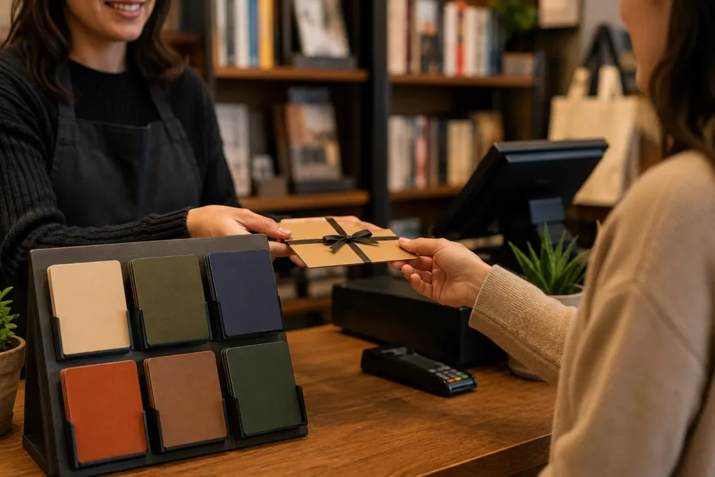 Customer receiving a gift card from a small business owner at a cozy independent shop checkout counter.