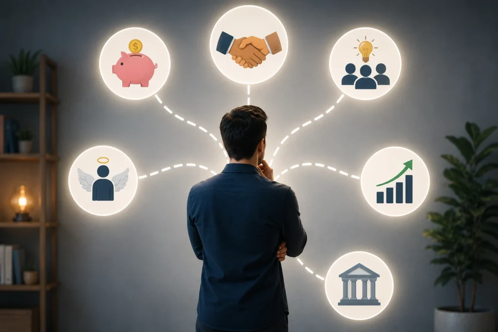 Startup founder evaluating funding options including savings, investors, grants, crowdfunding, and business growth.
