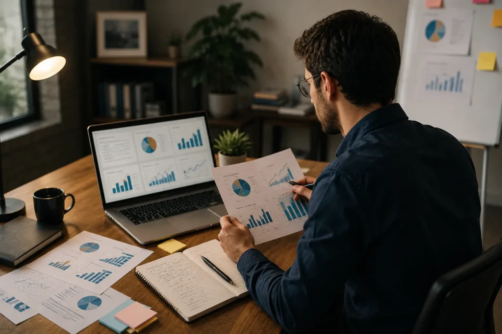 Startup founder reviewing a pitch deck and financial charts before an investor meeting.