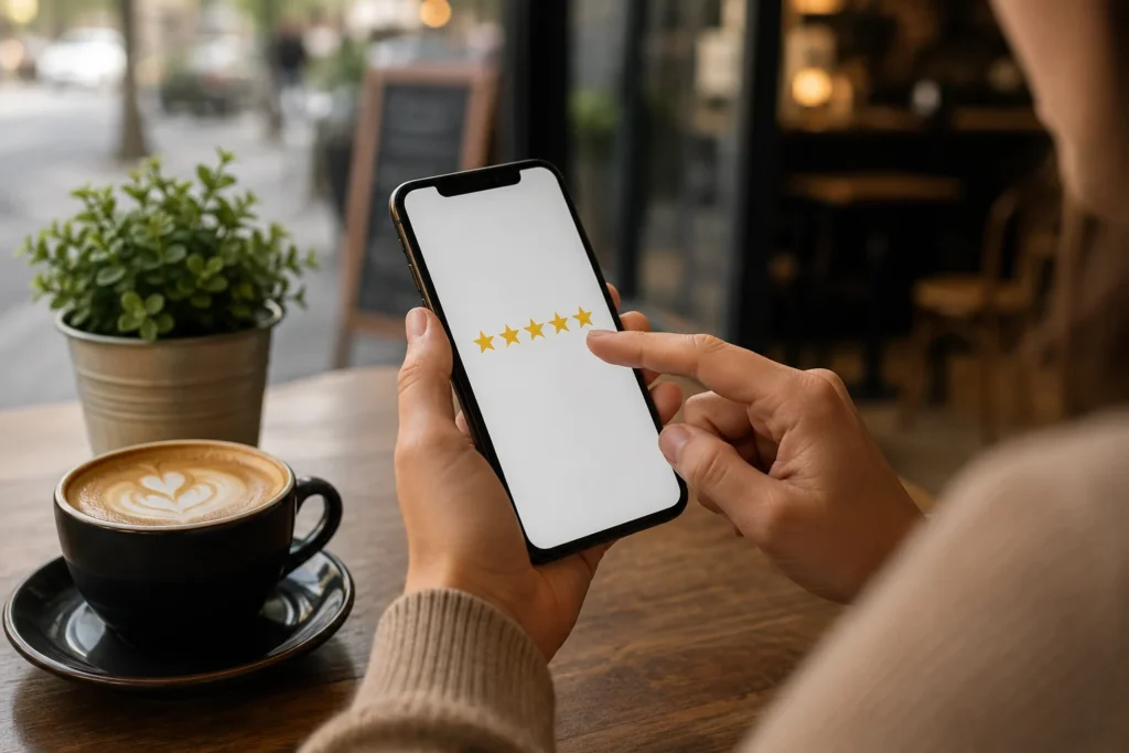 Person using a smartphone to leave a five-star online review while sitting at a cozy café table with a cup of coffee.
