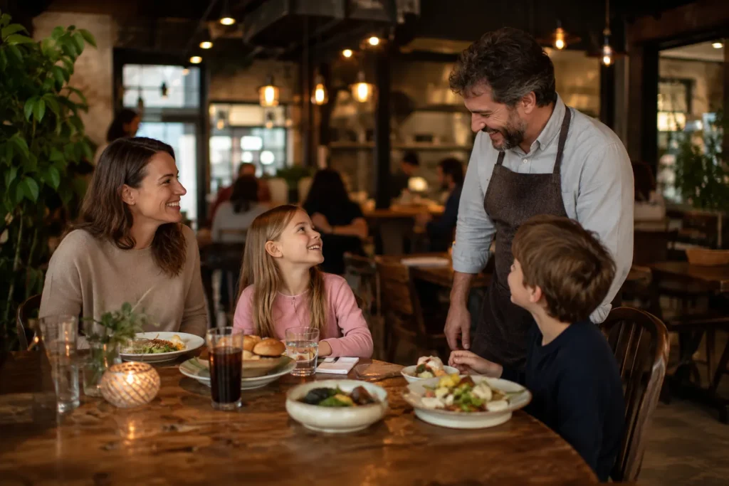 Family enjoying a meal at a cozy independent restaurant while the friendly owner greets them with a warm smile.