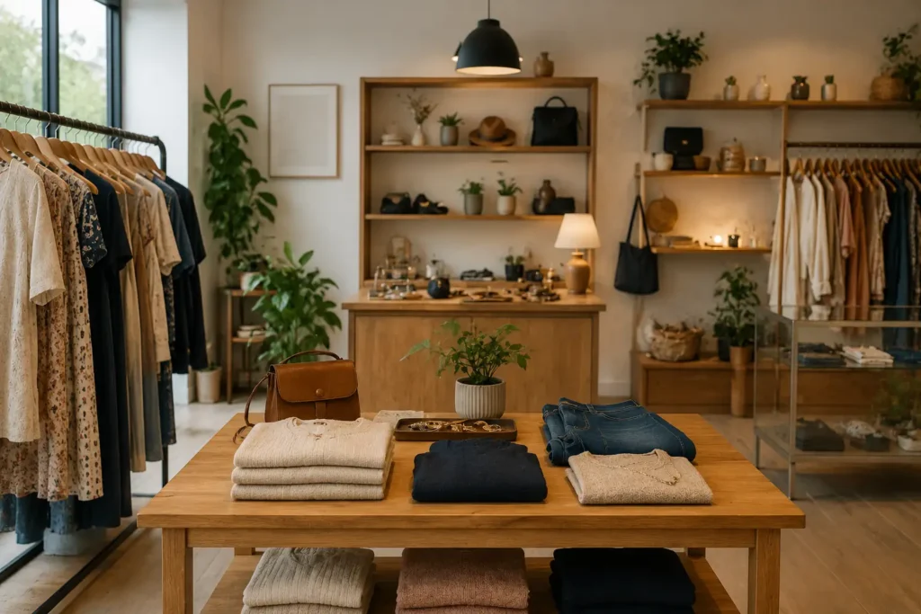 Small retail boutique with organized clothing and merchandise for periodic inventory management.