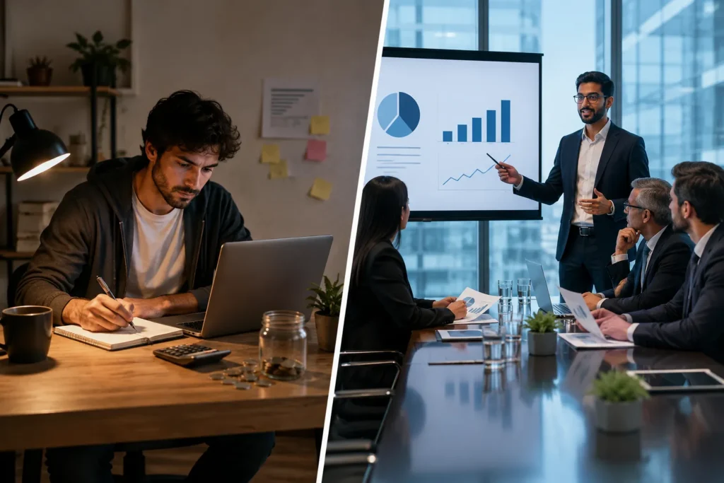 Bootstrapped startup founder working independently versus pitching investors in a boardroom.