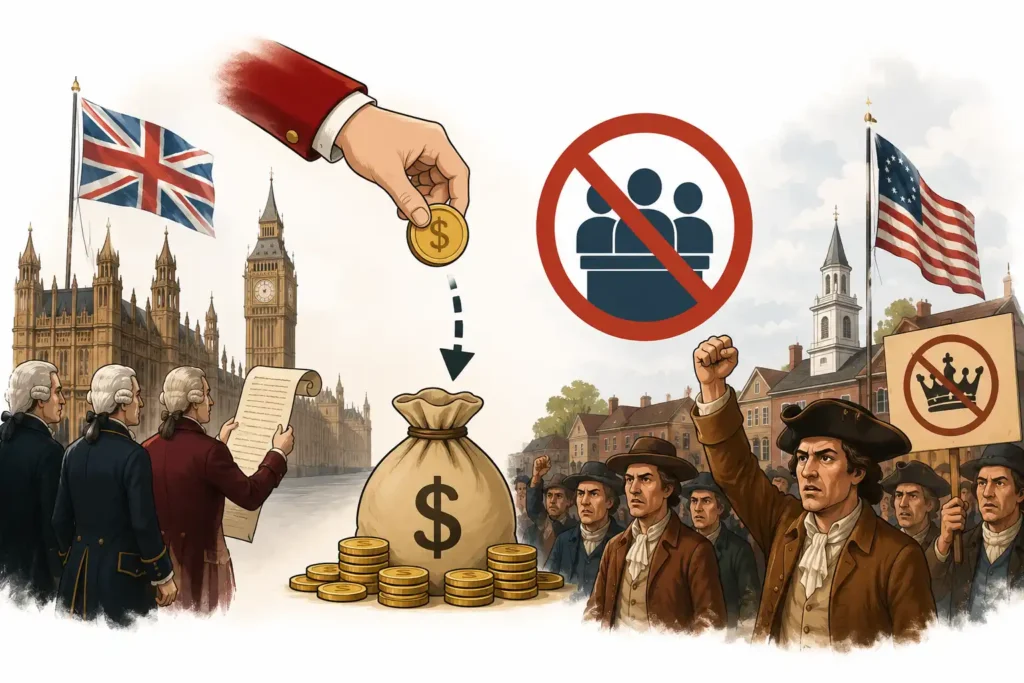 Colonial-era illustration showing British authorities collecting taxes from American colonists protesting a lack of political representation.