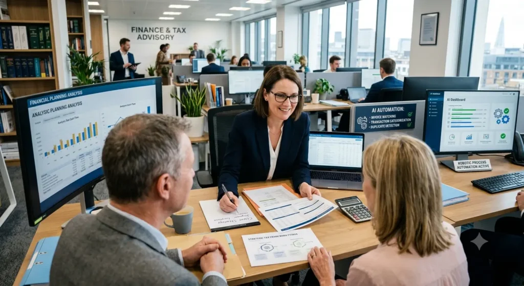 An accountant sitting at a desk in a modern, open-plan office, engaged in a face-to-face strategic conversation with two clients. On her desk are financial charts and paper documents, while dual computer monitors in the background display automated AI dashboards showing data analytics, transaction categorization, and progress graphs.