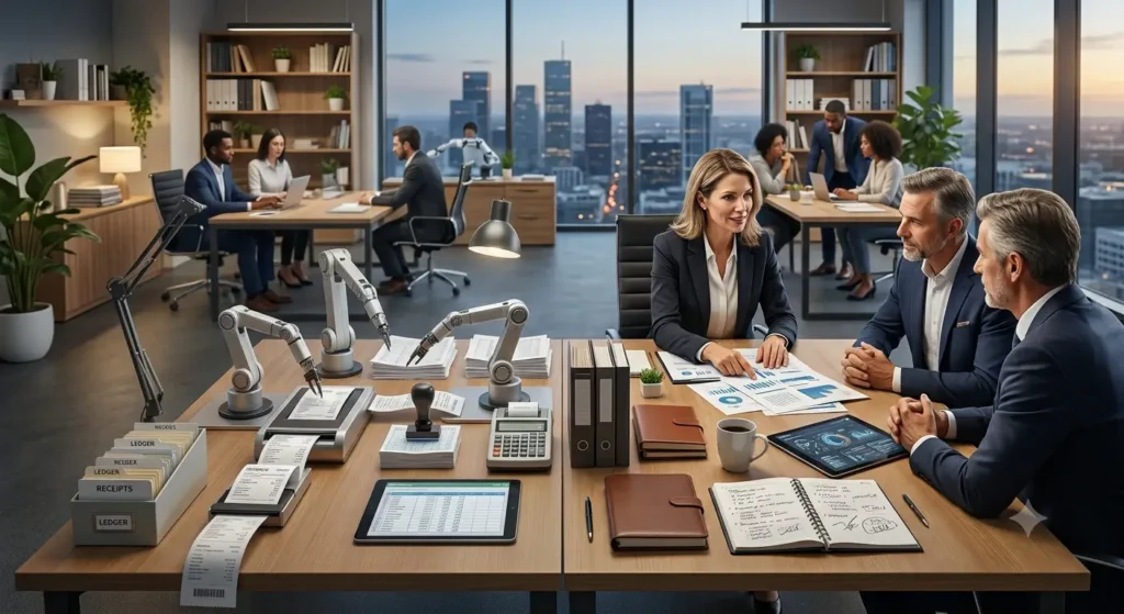 Business executives collaborating at a conference table alongside robotic arms processing paperwork in a modern high-rise office