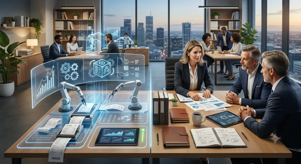 A split-concept workspace depicting the division between automated accounting and human advisory. On the left, robotic arms and glowing futuristic holographic interfaces process receipts, sort digital documents, and handle repetitive data entry. On the right, a female accountant sits at a conference desk, actively reviewing papers and consulting in-person with two male corporate clients in a modern high-rise office.