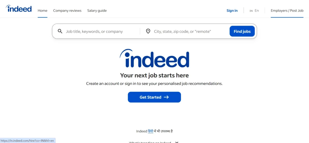 Home page of Indeed