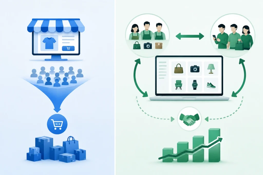 E-commerce store compared with a two-sided marketplace connecting buyers and sellers.
