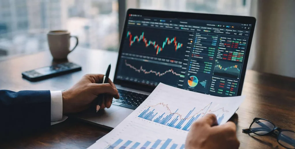 Business analyst reviewing stock market trends and financial data on multiple screens.
