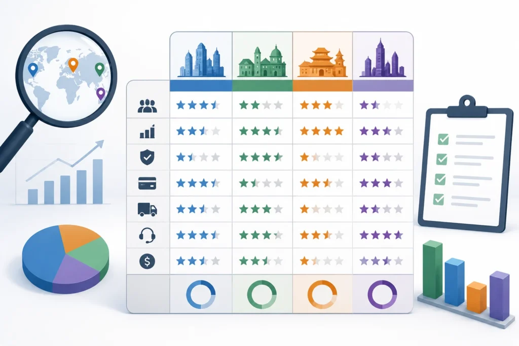 Market scoring framework comparing potential markets using ratings, charts, growth data, and evaluation factors.