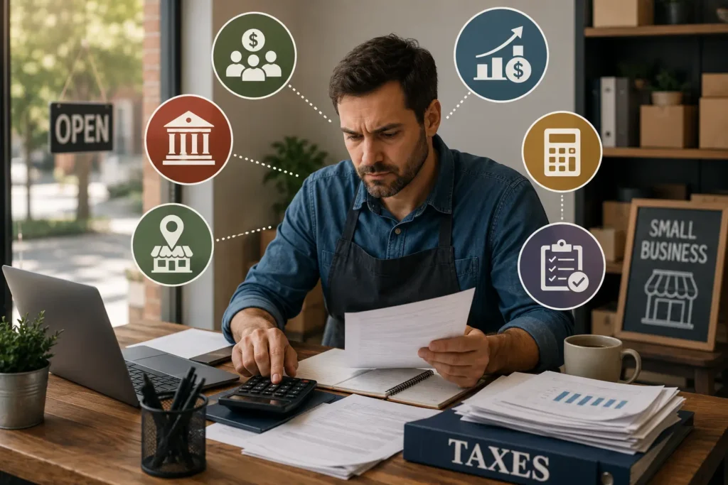 Small business owner reviewing tax documents and calculating expenses at a desk with a laptop, calculator, paperwork, and tax-related business icons.