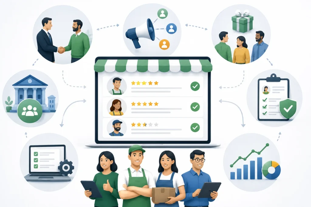 Marketplace seller supply strategy showing verified sellers, outreach, partnerships, onboarding, and growth tracking.