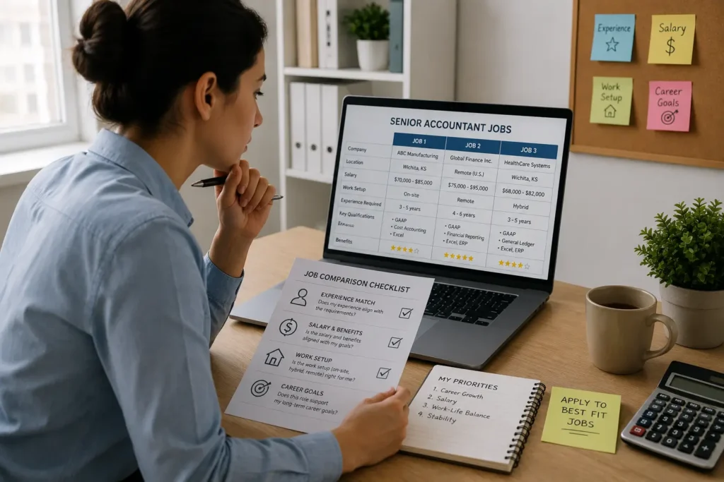 Senior accountant comparing job opportunities before applying