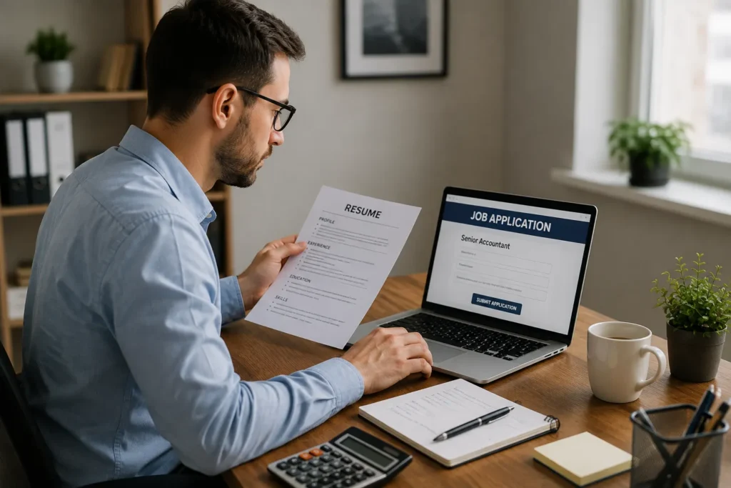 Senior accountant preparing a job application and resume