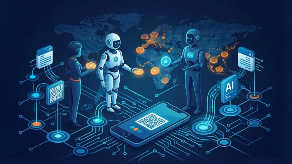 Illustration representing AI, fintech, blockchain, and digital payment technologies.