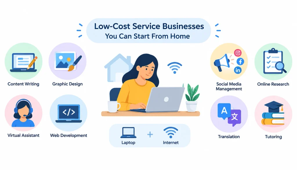 Low-cost home-based service businesses infographic featuring content writing, graphic design, virtual assistance, web development, social media management, online research, translation, and tutoring, requiring only a laptop and internet.