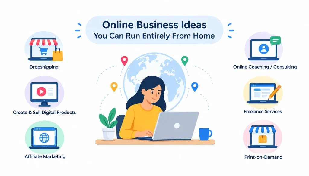 Online business ideas infographic showing a woman working from home on a laptop, with examples including dropshipping, digital products, affiliate marketing, online coaching, freelance services, and print-on-demand.