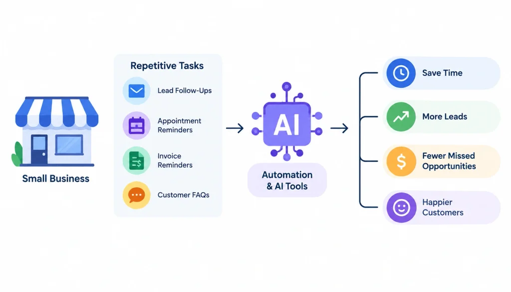 AI workflow automation for small businesses, showing lead follow-ups, appointment and invoice reminders, and customer FAQs leading to time savings and fewer missed opportunities.