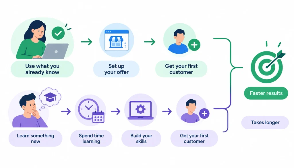 Infographic showing two paths to getting a first customer: using existing skills for faster results versus learning new skills, which takes longer.