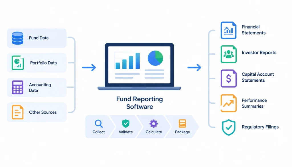 Fund reporting software processing fund, portfolio, and accounting data into financial statements, investor reports, capital account statements, performance summaries, and regulatory filings.