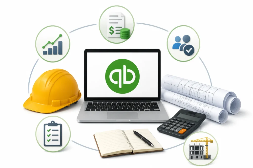 QuickBooks contractor accounting software displayed on a laptop with construction tools, blueprints, financial charts, calculator, and accounting documents.