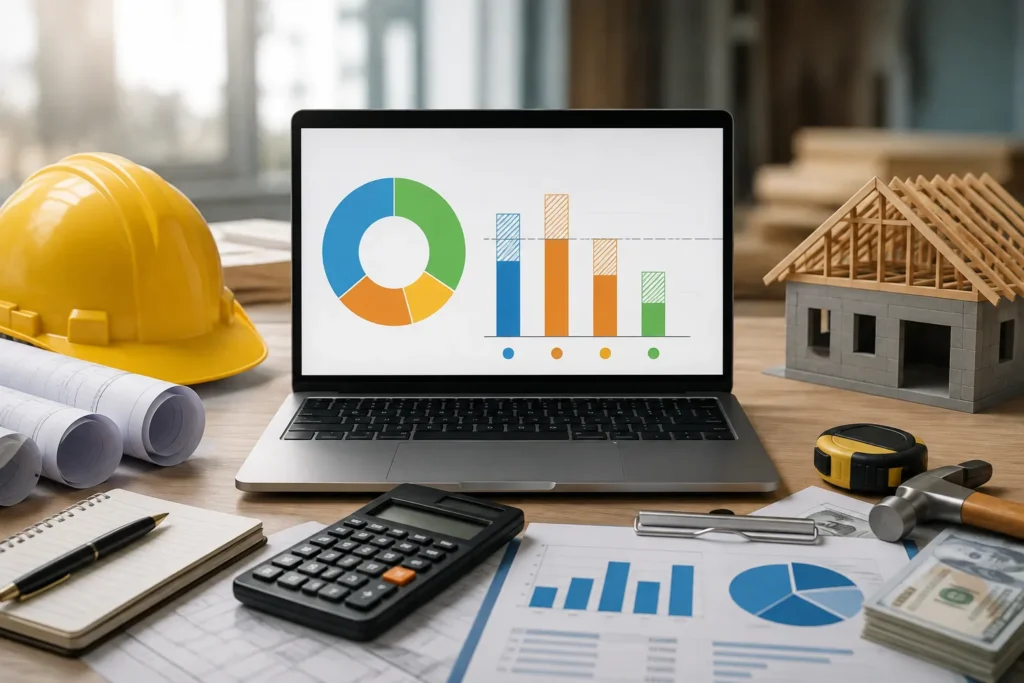 Job costing dashboard showing construction project costs, budget tracking, financial charts, calculator, blueprints, hard hat, and home construction model.