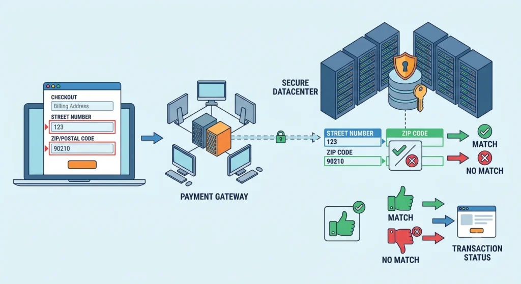 Diagram illustrating how an online checkout address is verified through a payment gateway and secure datacenter to determine transaction status match.