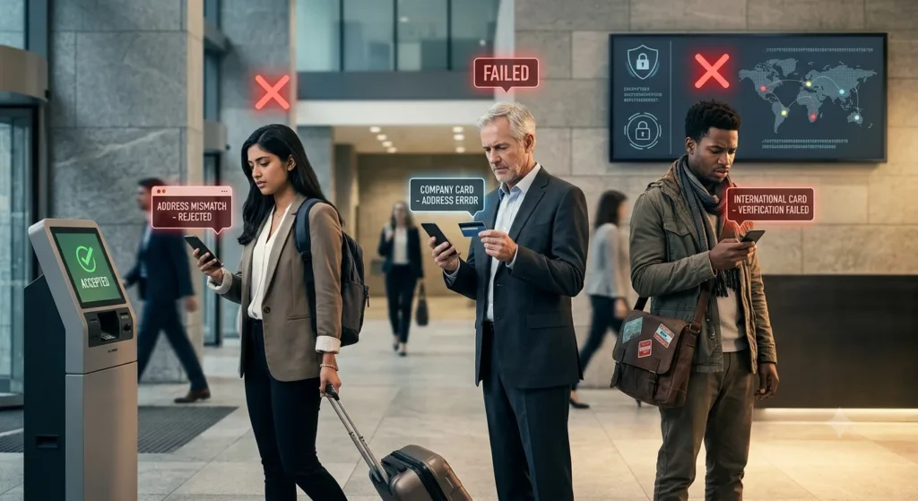 Three diverse, legitimate credit card users—a traveler with luggage, a business professional, and an international traveler—looking at their smartphones with subtle red error icons floating nearby, representing false payment declines without using any text.