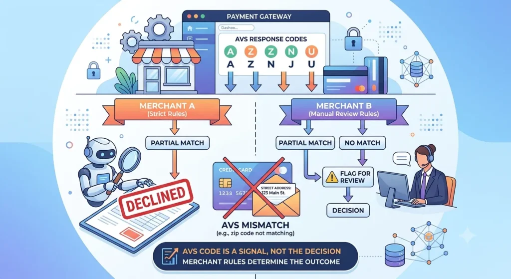 A conceptual diagram showing how different merchants handle AVS mismatch codes, leading to either an automatic decline or a manual review.