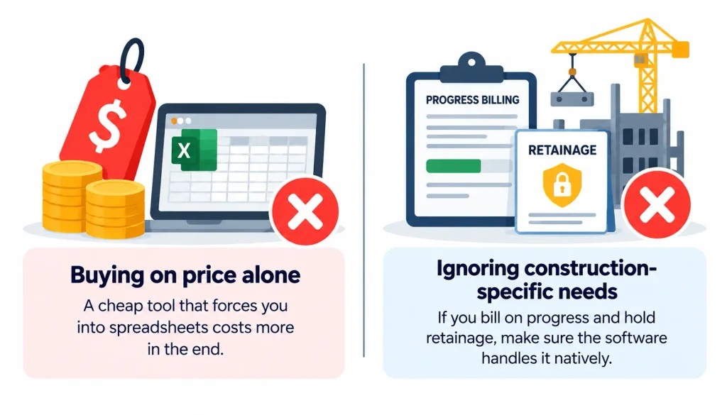 Common construction accounting software mistakes, including choosing cheap tools that require spreadsheets and ignoring essential features like progress billing and retainage management.