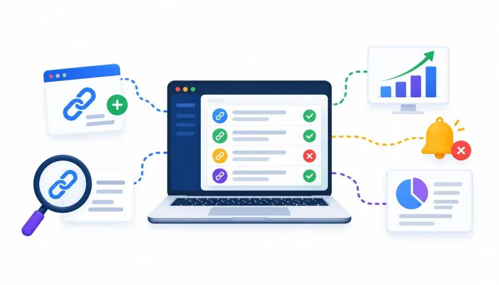 Backlink management software dashboard showing link monitoring, backlink discovery, link analysis, performance tracking, alerts, and SEO reporting.