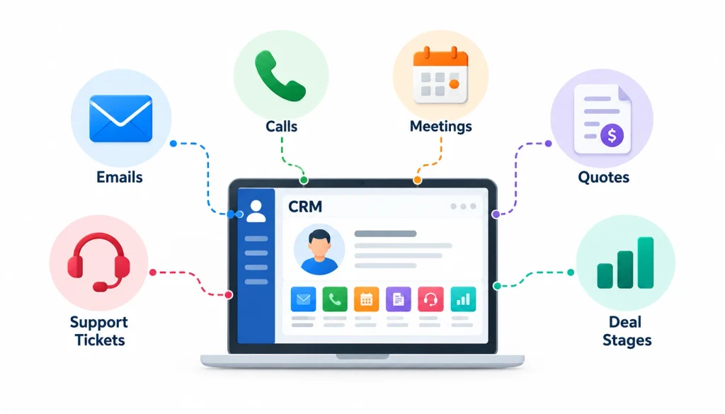 CRM software infographic showing a central customer dashboard that organizes emails, calls, meetings, quotes, support tickets, and sales deal stages in one place.